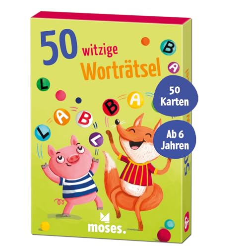 moses. 50 witzige Worträtsel, Kartenset mit lustigen Wortspielen und Buchstabenrätseln, Kindergeburtstag, Schulstart und Urlaub, für Kinder ab 6 Jahren, Yellow von moses
