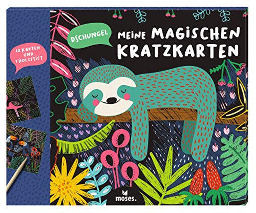 Moses. 3103 Meine magischen Kratzkarten Dschungel | 10 Kratzbilder mit Holzstift | Malset zum Basteln am Kindergeburtstag | Scratch Art | Für Kinder ab 4 Jahren, bunt von moses
