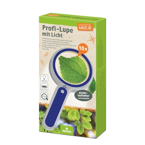 Moses. Expedition Natur Profi-Lupe mit Licht, aufladbare Kinderlupe mit 10x Vergrößerung & 3 LED-Leuchtmodi, Lernspielzeug für Naturbeobachtungen, Outdoor-Lupe für Kinder ab 6 Jahren von moses