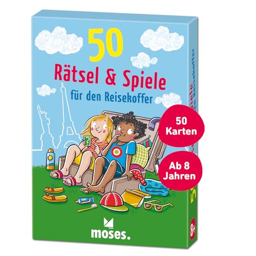 moses. 50 Rätsel & Spiele für den Reisekoffer, Kartenset mit lustigen Aufgaben für unterwegs und auf Reisen, Kindergeburtstag, Schulstart und Urlaub, für Kinder ab 8 Jahren von moses