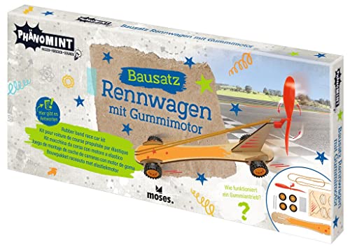 moses 30343 PhänoMINT Bausatz Gummimotor, Rennwagen-Bastelsets mit spannenden wissenschaftlichen Hintergrundinformationen, Holz-Spielzeug zum Selberbauen für Kinder ab 8 Jahren, Mittel von moses