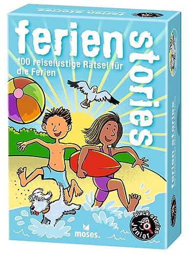 moses 9783964552617 Black Junior-Ferien Stories, Doppelter Rätselspaß Karten, Kartenspiel für Kinder ab 8 Jahren, 100 reiselustige Rätsel für die Ferienzeit, M von moses