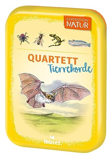 moses 9862 Expedition Natur Quartett Tierrekorde, Kartenspiel für Kinder, Reisespiel in kompakter Blechdose für unterwegs, Kinderspiel ab 8 Jahren, Yellow von moses