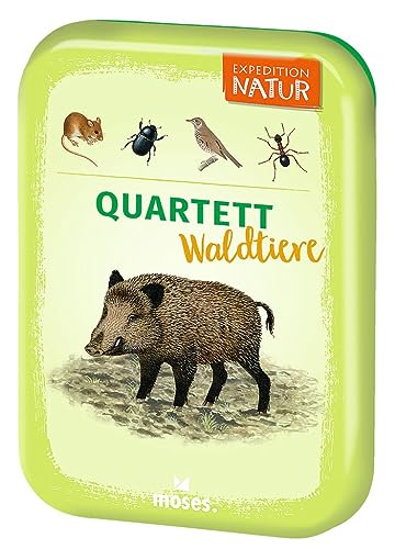 moses 9864 Expedition Natur Quartett Waldtiere, Kartenspiel für Kinder, Reisespiel in kompakter Blechdose für unterwegs, Kinderspiel ab 8 Jahren, Yellow von moses