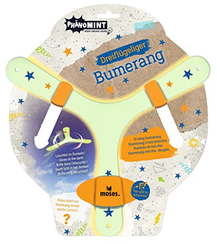 moses. 30320 PhänoMINT Bumerang, Wurfspiel für Kinder, Im Dunkeln leuchtender Boomerang, Dreiflügelig und mit spannenden Informationen, nachtleuchtend, 1 Stück (1er Pack) von moses