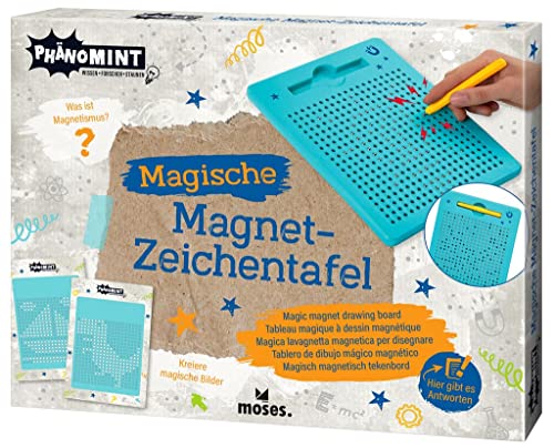 moses. 30340 PhänoMINT Magnet-Zaubertafel – Zum Kreieren von magischen Bildern, Magnetische Zeichentafel mit Vorlagen, Kreativ-Set für Kinder, Tafel & Stift, Türkis von moses