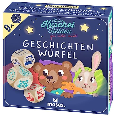 moses. 38177 Geschichtenwürfel Kuschelhelden, 9 süße Erzählwürfel für Kinder, kreatives Würfelspiel für Gute-Nacht-Geschichten mit extra großen Holzwürfeln, Kinderspiel für 1-6 Spieler ab 4 Jahren von moses