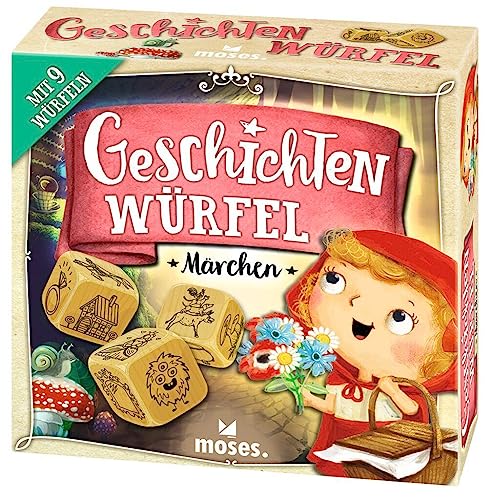 moses. 90147 Geschichtenwürfel Märchen, 9 märchenhafte Erzählwürfel für Kinder, kreatives Würfelspiel mit extra großen Holzwürfeln, Kinderspiel für 1-6 Spieler ab 6 Jahren von moses