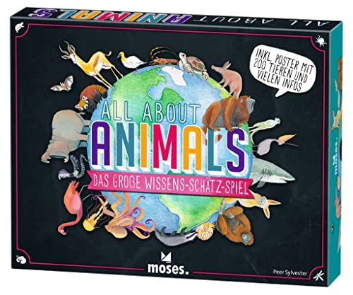moses. 90393 All About Animals, das große Wissens-Schätz Tiere, Quiz mit 2 Schwierigkeitsgraden, Ratespiel für 2-5 Spieler ab 12 Jahren, Bunt von moses