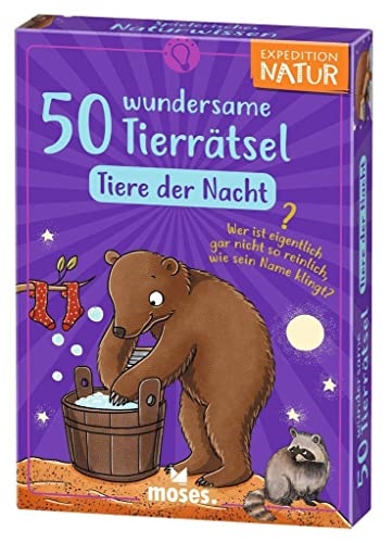 moses. 9845 Expedition Natur: 50 wundersame Tierrätsel Nacht, Tierquiz für Kinder, Ratespiel ab 8 Jahren rund um nachtaktive Tiere wie Igel, Waschbär und Co, Bunt von moses