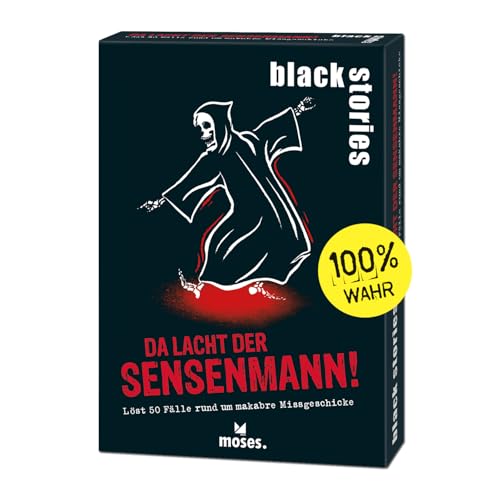 moses. Black Stories Da lacht der Sensenmann! - 50 Rätsel mit Fällen rund um makabre Missgeschicke, Krimi Kartenspiel mit Spielvariante und Punktechips, Rätselspiel für Jugendliche und Erwachsene von moses