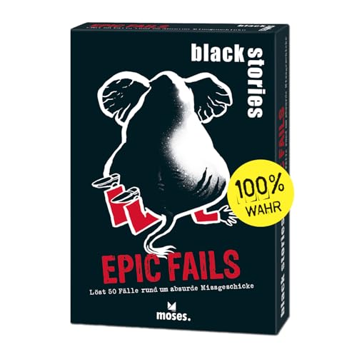 moses. Black Stories Epic Fails - 50 Rätsel mit realen Fällen rund um absurde Missgeschicke, Krimi Kartenspiel mit Spielvariante und Punktechips, Rätselspiel für Jugendliche und Erwachsene von moses
