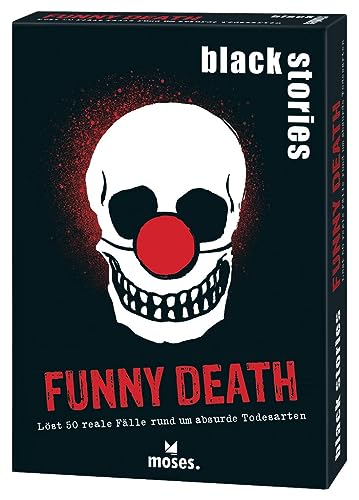 moses. Black Stories Funny Death - 50 Rätsel mit realen Fällen rund um absurde Todesarten, Krimi Kartenspiel mit Spielvariante und Punktechips, Rätselspiel für Jugendliche und Erwachsene von moses