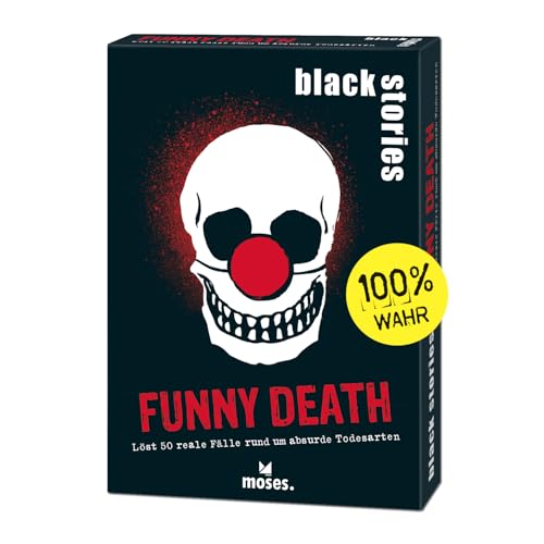 moses. Black Stories Funny Death - 50 Rätsel mit realen Fällen rund um absurde Todesarten, Krimi Kartenspiel mit Spielvariante und Punktechips, Rätselspiel für Jugendliche und Erwachsene von moses