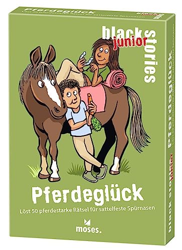 moses. Black Stories junior Pferdeglück - 50 pferdestarke Rätsel mit Geschichten vom Pony- und Reiterhof, Rätsel Kartenspiel mit Spielvariante und Punktechips, Rätselspiel für Kinder ab 8 Jahren von moses