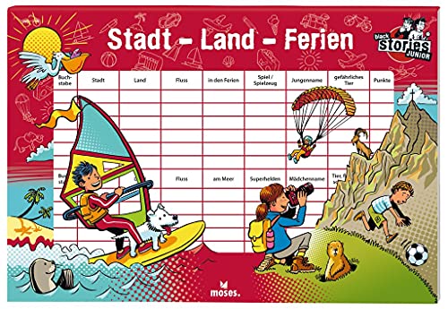 Moses Black Stories Junior Stadt-Land-Ferien I Die lustig Bunte Stadt-Land-Fluss Version für Kinder ab 8 Jahren Spielblock mit 50 Blättern 90078 Lustig Bunte Version von moses