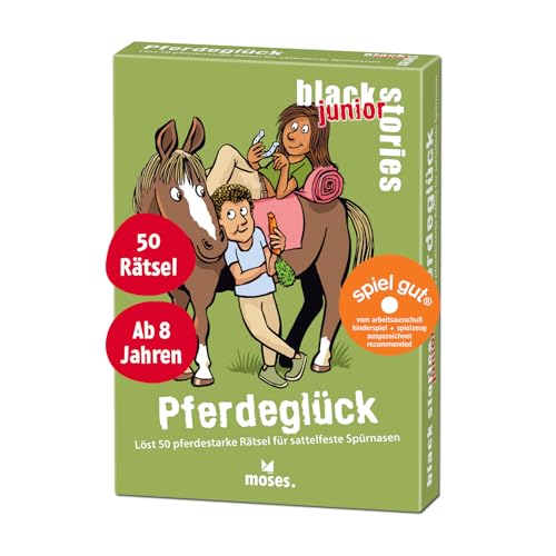 moses. Black Stories junior Pferdeglück - 50 pferdestarke Rätsel mit Geschichten vom Pony- und Reiterhof, Rätsel Kartenspiel mit Spielvariante und Punktechips, Rätselspiel für Kinder ab 8 Jahren von moses