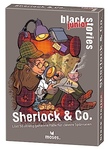 moses. Black Stories junior Sherlock & Co. - 50 Rätsel mit geheimen Fällen für kleine Detektive, Rätsel Kartenspiel mit Spielvariante und Punktechips, Rätselspiel für Kinder ab 8 Jahren von moses