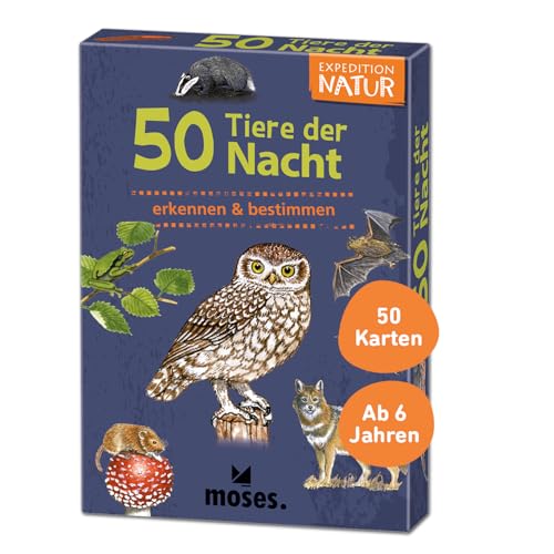 moses. 4033477098658 Expedition Natur: 50, Nacht-& dämmerungsaktive erkennen und bestimmen, Kartenset für Kinder ab 6 Jahren, mit spannenden Quizfragen rund um beliebte nachtaktive Tiere, White, Large von moses