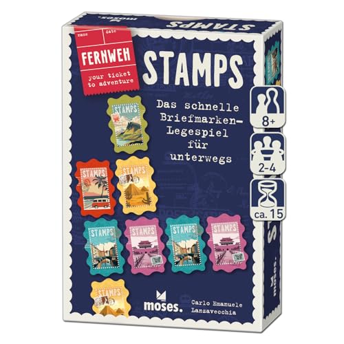 moses. Fernweh Stamps, taktisches Kartenspiel mit Urlaubsflair, kompaktes Reisespiel im Briefmarken-Design für unterwegs & den nächsten Urlaub, Legespiel für Erwachsene & Kinder ab 8 Jahren von moses