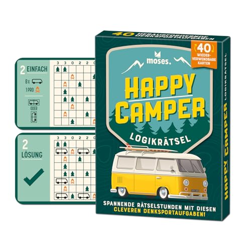 moses. Happy Camper, Logikrätsel mit Suchtfaktor für unterwegs, 40 Wiederverwendbare Karten mit Wegwischstift, Denksportaufgaben in 3 Schwierigkeitsstufen für Jugendliche und Erwachsene von moses