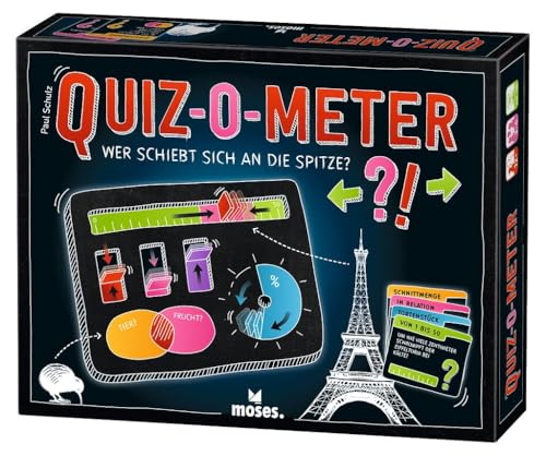 moses. Quiz-O-Meter, Wer schiebt Sich an die Spitze? – interaktives Schätz-Quiz mit cleverer Antworttafel, 240 Fragen voller Aha-Momente, Familienspiel & Partyspiel für 2–4 Spielende ab 14 Jahren von moses