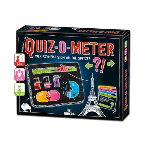 moses. Quiz-O-Meter, Wer schiebt Sich an die Spitze? – interaktives Schätz-Quiz mit cleverer Antworttafel, 240 Fragen voller Aha-Momente, Familienspiel & Partyspiel für 2–4 Spielende ab 14 Jahren von moses