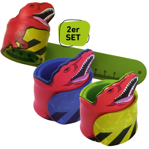 moses 70021 Schnapparmband für Kinder – T-Rex, 2er-Set Grün und Blau, Flexibles, 2in1 Dino Schnappband und 30cm Lineal, Grün & Blau von moses