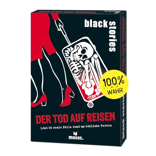 moses. black stories Der Tod auf Reisen - 50 Rätsel mit realen Fällen rund um tödliche Ferien, Krimi Kartenspiel mit Spielvariante und Punktechips, Rätselspiel für Jugendliche und Erwachsene von moses