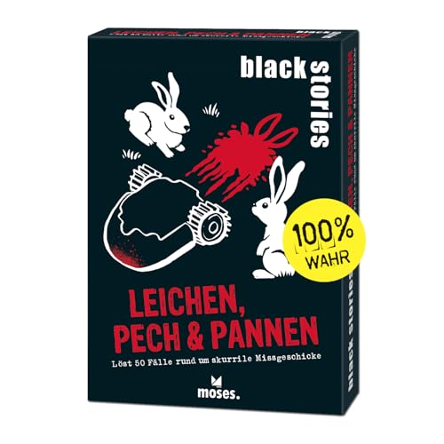 moses. black stories Leichen, Pech & Pannen - 50 Rätsel mit realen Fälle rund um skurrile Missgeschicke, Krimi Kartenspiel mit Spielvariante und Punktechips, Rätselspiel für Jugendliche und Erwachsene von moses