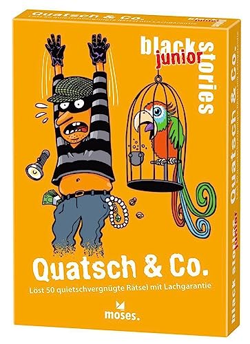 moses. black stories junior Quatsch & Co. - 50 witzige Rätsel mit Lachgarantie, Rätsel Kartenspiel mit Spielvariante und Punktechips, Rätselspiel für Kinder ab 8 Jahren von moses