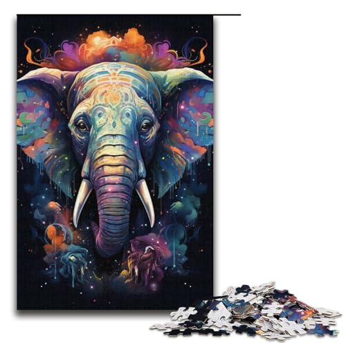 1000 Puzzle Bunte Psychedelia des Sterntierelefanten Holzpuzzle für Kinder Familie Eltern-Kind-Interaktion 1000 Teile (38 x 26 cm) von mowenbingpeng