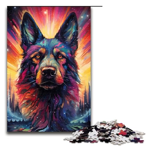 1000 Teile Buntes psychedelisches Puzzle mit deutschem Schäferhund für Erwachsene Holzpuzzle Familienspiele 1000 Teile (75 x 50 cm) von mowenbingpeng
