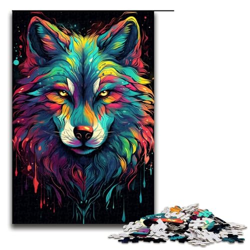 1000 Teile Buntes psychedelisches Tiergeist-Wolf-Puzzle für Erwachsene Holzpuzzle Familienspiele 1000 Teile (75 x 50 cm) von mowenbingpeng