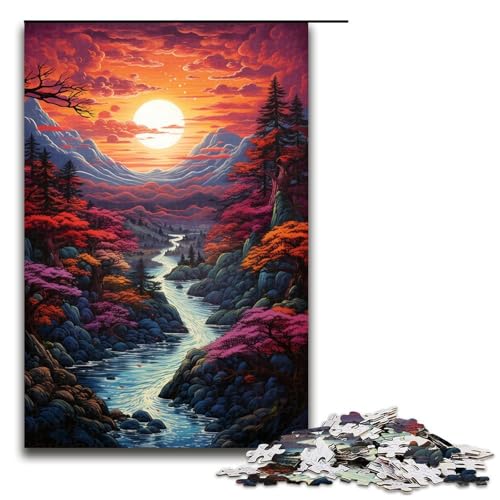 1000 Teile farbenfroher Psychedelischer Sonnenuntergang über Einer Pagode Puzzle für Erwachsene unmögliches Puzzle zum Stressabbau für Teenager ab 14 Jahren 1000 Teile (75 x 50 cm) von mowenbingpeng