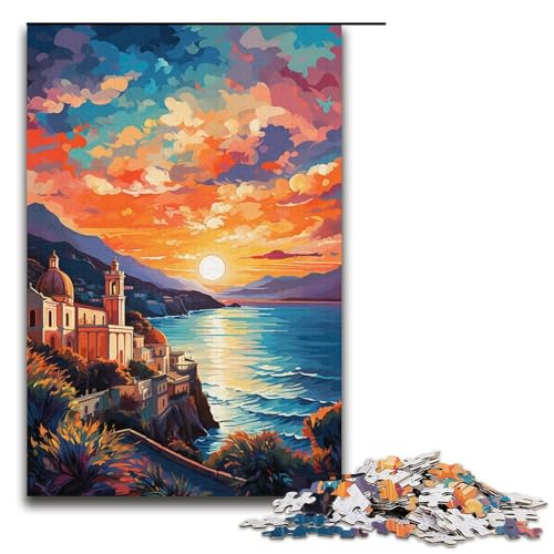 1000-teiliges Puzzle „Bunte Psychedelie an der Amalfiküste“ für Erwachsene Holzpuzzle anspruchsvolles Spiel 1000 Teile (38 x 26 cm) von mowenbingpeng