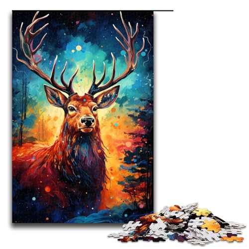 1000-teiliges Puzzle „Bunte Psychedelie des Sternenhimmels Hirsch“ für Erwachsene Holzpuzzle anspruchsvolles Spiel 1000 Teile (75 x 50 cm) von mowenbingpeng