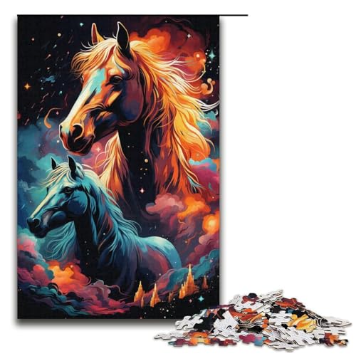 1000-teiliges Puzzle „Bunte Psychedelie des Sternenhimmels Pferde-Puzzle für Erwachsene“ Holzpuzzle anspruchsvolles Spiel 1000 Teile (38 x 26 cm) von mowenbingpeng