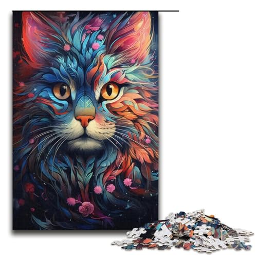 1000-teiliges Puzzle „Bunte Psychedelie mit Neonkatzen“ für Erwachsene Holzpuzzle anspruchsvolles Spiel 1000 Teile (38 x 26 cm) von mowenbingpeng