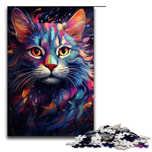 1000-teiliges Puzzle „Bunte Psychedelie mit Neonkatzen“ für Erwachsene Holzpuzzle anspruchsvolles Spiel 1000 Teile (75 x 50 cm) von mowenbingpeng