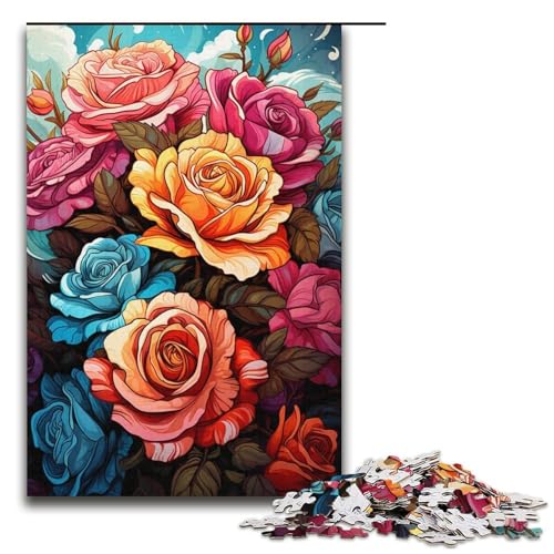 1000-teiliges Puzzle „Bunte Rosen“ für Erwachsene Holzpuzzle anspruchsvolles Spiel 1000 Teile (38 x 26 cm) von mowenbingpeng
