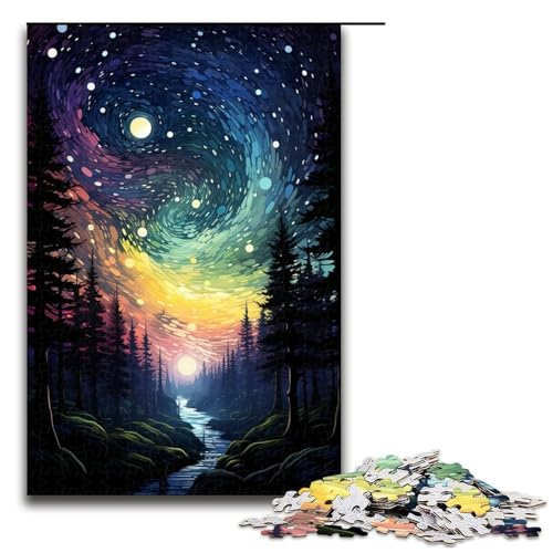 1000-teiliges Puzzle „Bunte psychedelische Sterne im Wald für Erwachsene Holzpuzzle anspruchsvolles Spiel 1000 Teile (75 x 50 cm) von mowenbingpeng