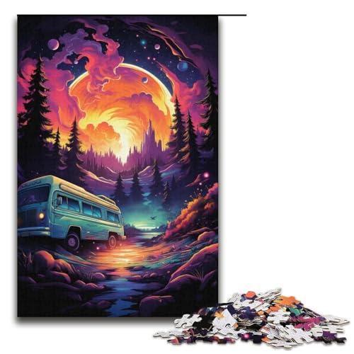 1000-teiliges Puzzle „Buntes Auto bei Nacht“ für Kinder Holzpuzzle Heimkunstdekor 1000 Teile (38 x 26 cm) von mowenbingpeng