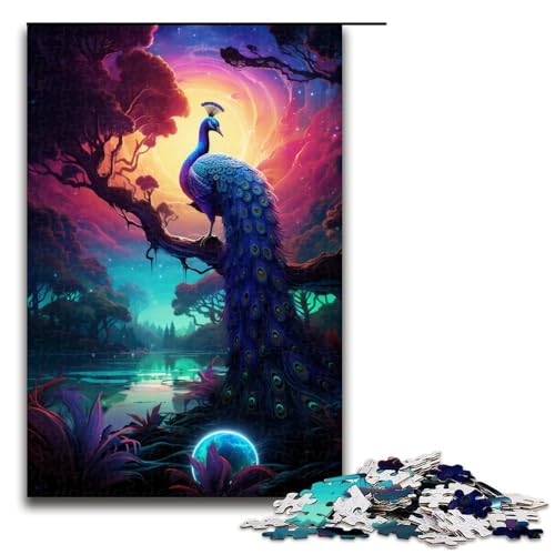 1000-teiliges Puzzle „Farbiger Pfau“ für Kinder Holzpuzzle Heimkunstdekor 1000 Teile (75 x 50 cm) von mowenbingpeng