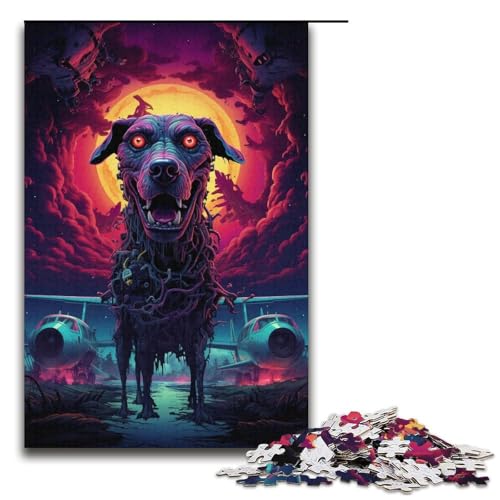 1000-teiliges Puzzle „Hund Steht nachts neben Flugzeug“ Holzpuzzle für Erwachsene und Kinder pädagogisches Spielzeug zum Stressabbau Puzzle 1000 Teile (38 x 26 cm) von mowenbingpeng