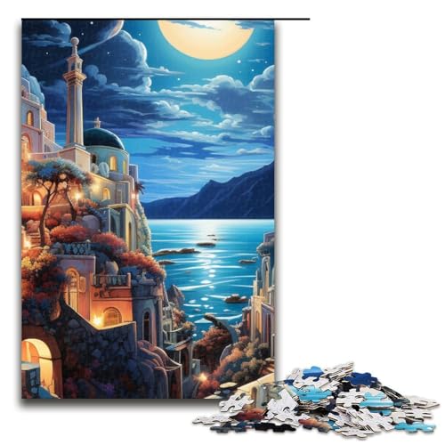 1000-teiliges Puzzle „Psychedelisches Santorini bei Nacht“ für Erwachsene und Kinder Holzpuzzle pädagogisches Spielzeug zum Stressabbau Puzzle 1000 Teile (75 x 50 cm) von mowenbingpeng