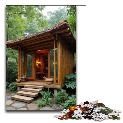 1000-teiliges Puzzle Bambushütte Puzzle für Erwachsene Holzpuzzle Familienspiele 1000 Teile (75 x 50 cm) von mowenbingpeng