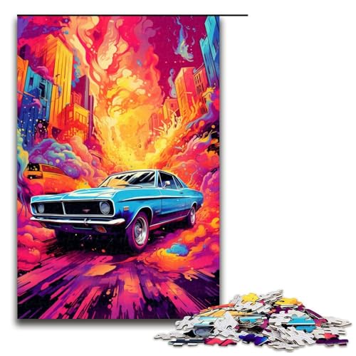 1000-teiliges Puzzle Bunte psychedelische Retro-Autos Puzzle für Erwachsene und Kinder Holzpuzzle pädagogisches Spielzeug zum Stressabbau Puzzle 1000 Teile (75 x 50 cm) von mowenbingpeng