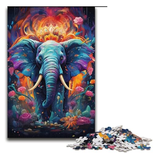1000-teiliges Puzzle Elefant bunt psychedelisch für Erwachsene und Kinder Holzpuzzle pädagogisches Spielzeug zum Stressabbau Puzzle 1000 Teile (38 x 26 cm) von mowenbingpeng