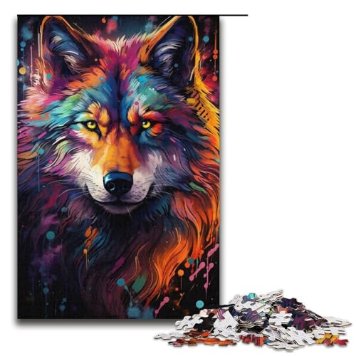 1000-teiliges Puzzle Fantasie bunter Grauer Wolf Puzzle für Erwachsene Holzpuzzle anspruchsvolles Spiel 1000 Teile (38 x 26 cm) von mowenbingpeng